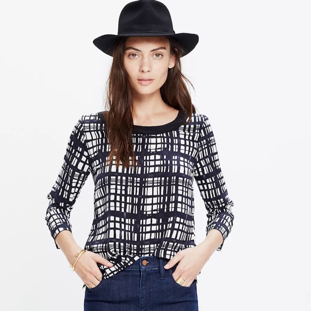 MADEWELL 100% Mulberry Silk Plaid‎ Blouse Black/White/Blue Size S